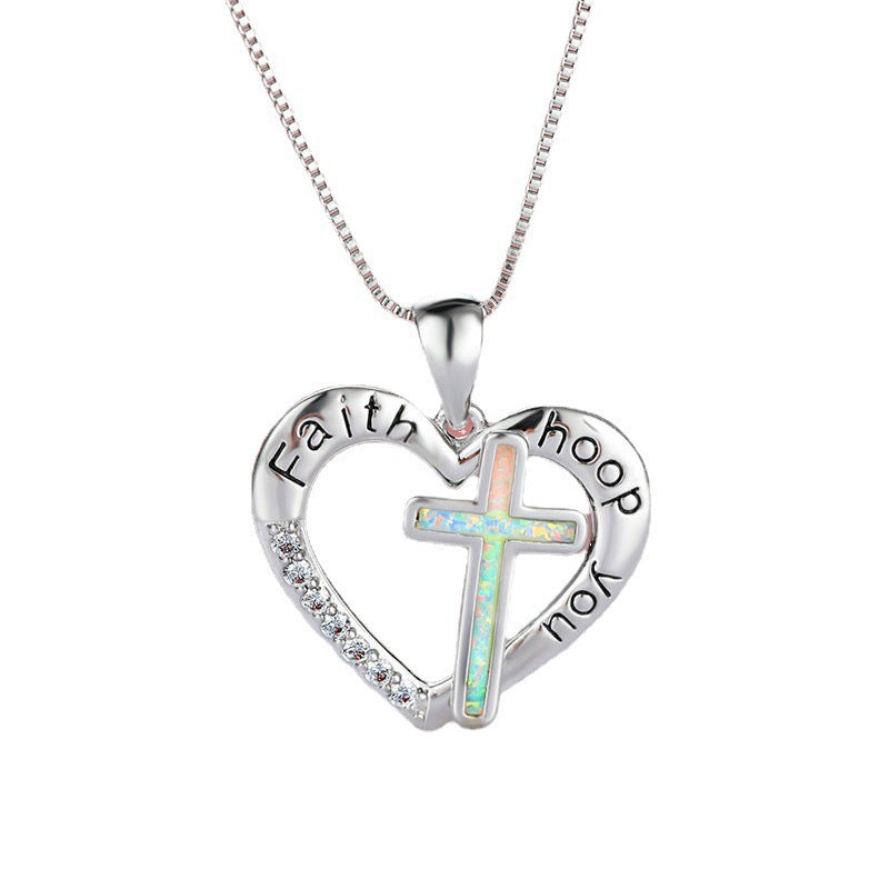 English Imitation Opal Love Heart Shaped Jesus Religion Cross Necklace Pendant Jewelry