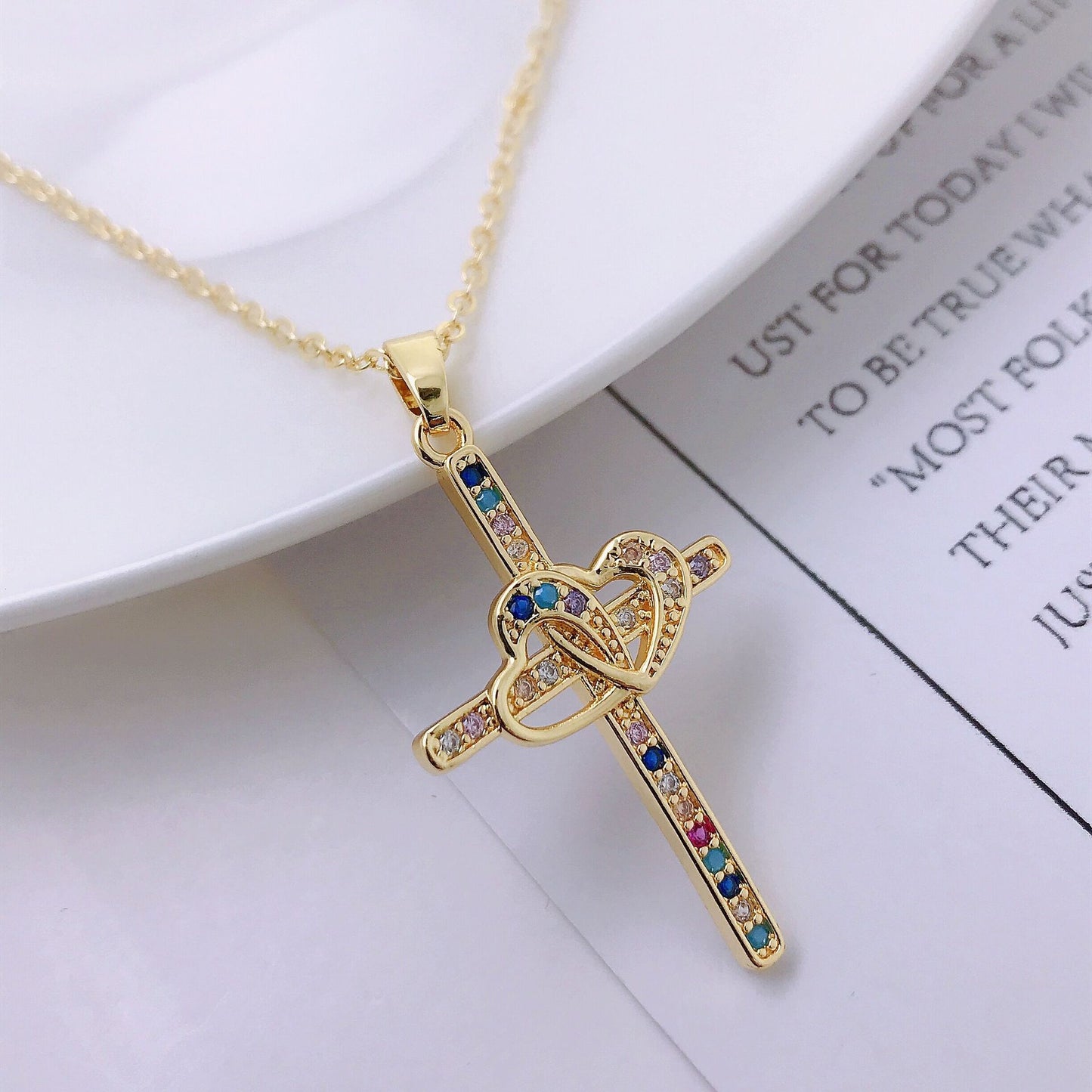 Ins Style High End Gold Plated Zircon Jesus Love Cross Necklace Pendant