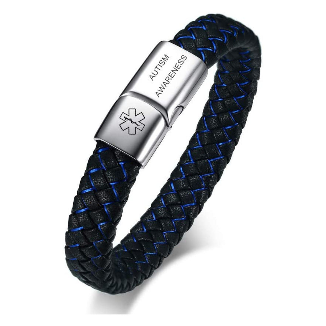 Men's Blue And Black Leather Hand Medical Identification Bracelet