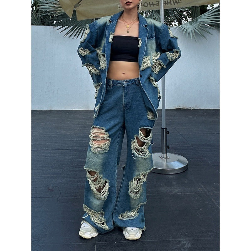 European And American Style Street Lapel Ripped Edging One Button Loose Large Version Denim Coat