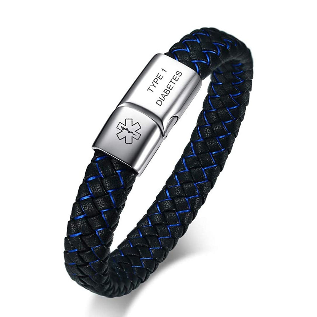 Stainless Medical Bracelet Men's Blue And Black Leather