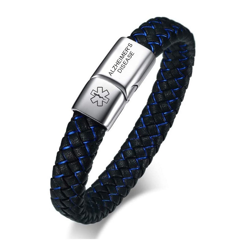 Men's Blue And Black Leather Hand Medical Identification Bracelet