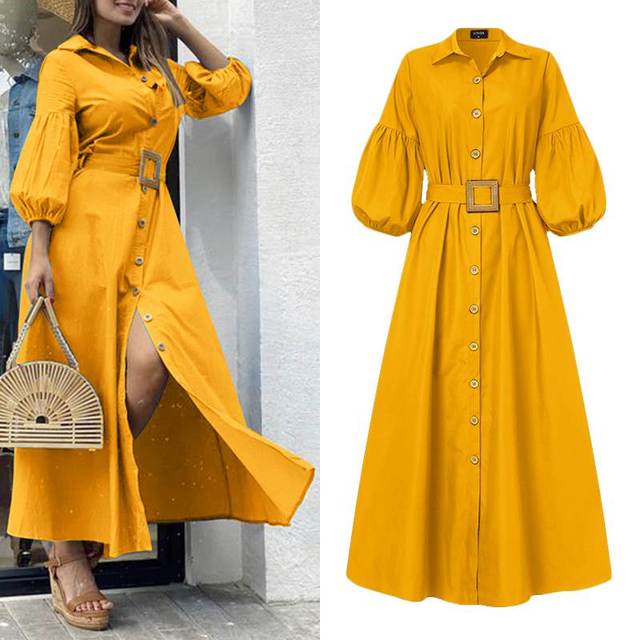 Elegant Office Ladies Dress Women Long Dresses Ladys Puff Sleeve