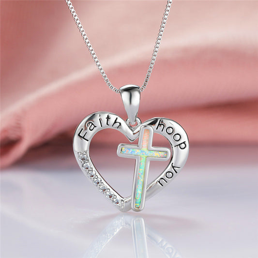 English Imitation Opal Love Heart Shaped Jesus Religion Cross Necklace Pendant Jewelry