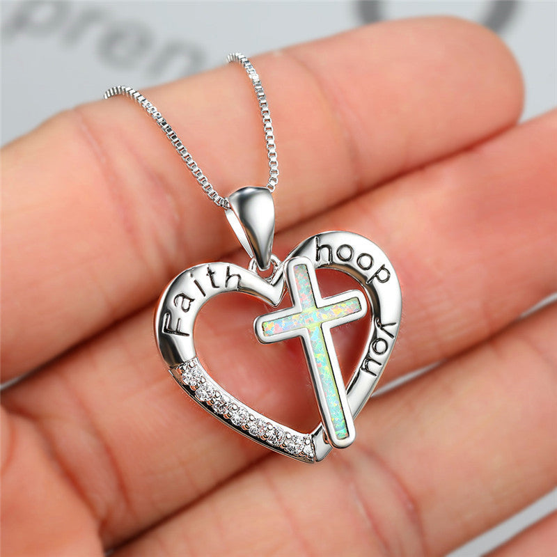 English Imitation Opal Love Heart Shaped Jesus Religion Cross Necklace Pendant Jewelry