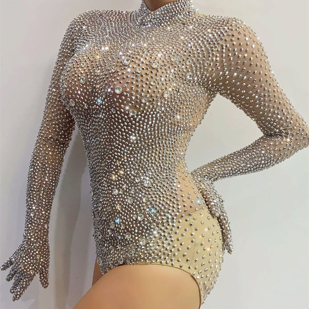 Singer Dance Yoga Ring Rhinestone Elastic Jumpsuit Women