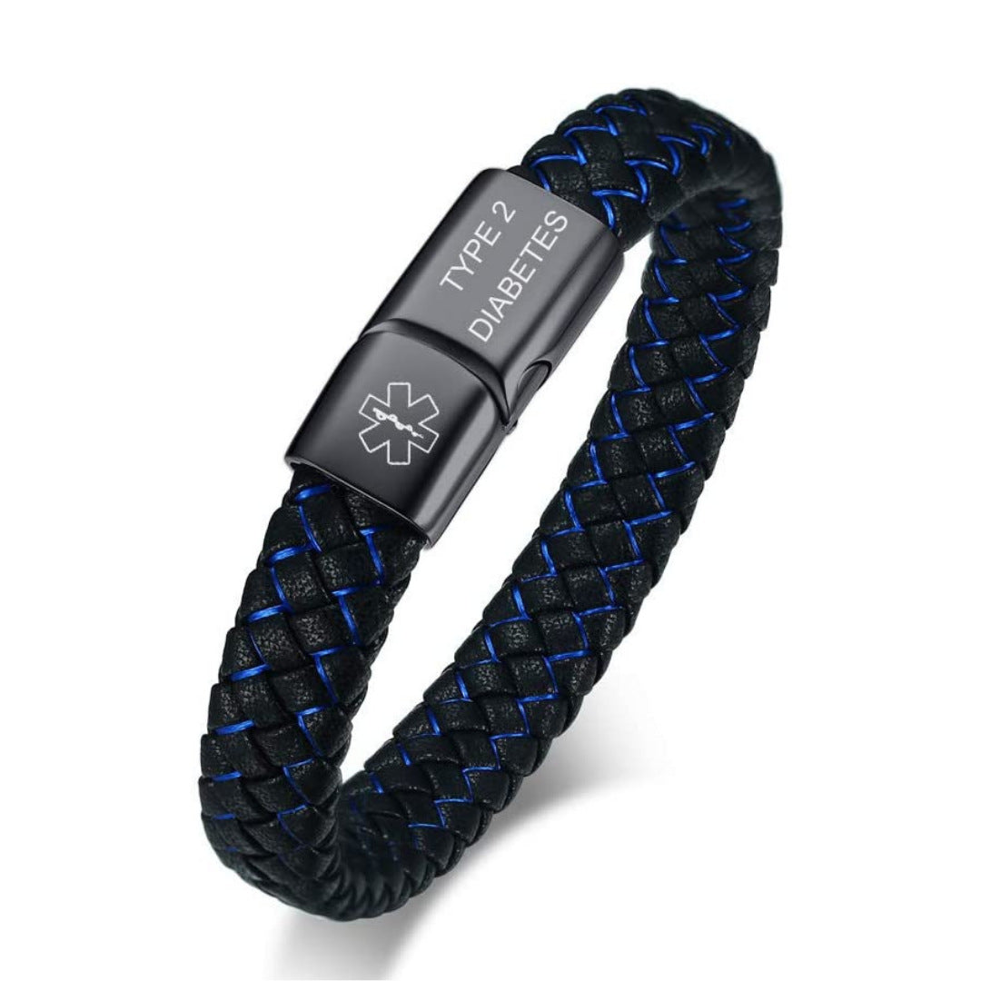 Stainless Medical Bracelet Men's Blue And Black Leather