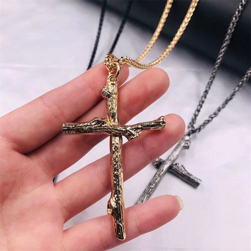 Men's Fashion Jewelry Long Jesus Necklace Wood Grain Cross Necklace