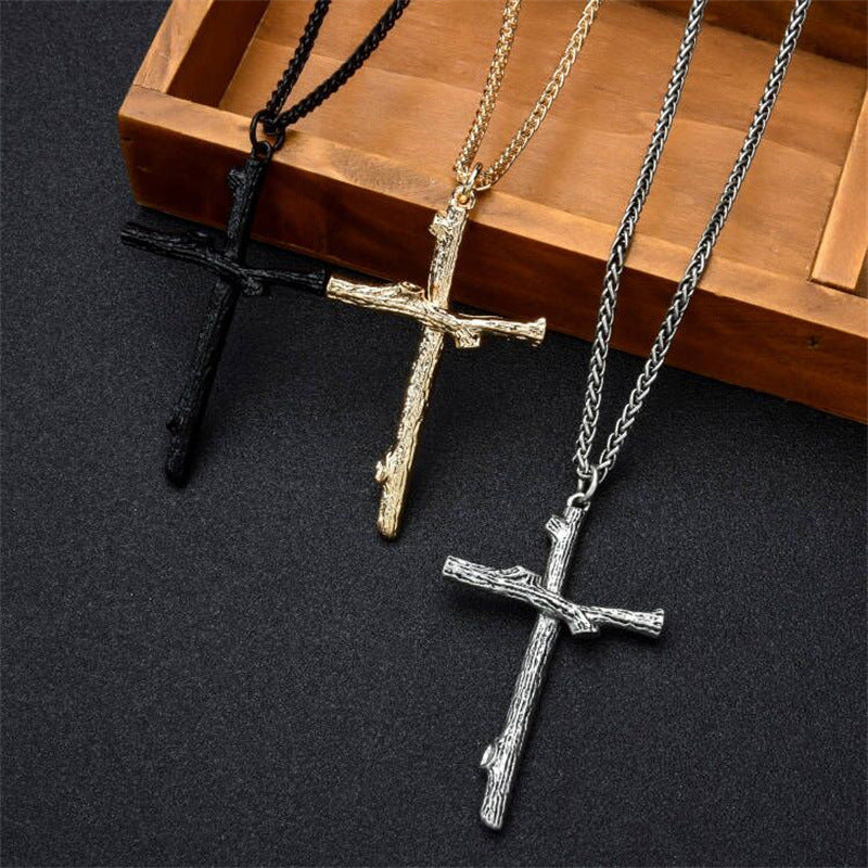 Men's Fashion Jewelry Long Jesus Necklace Wood Grain Cross Necklace