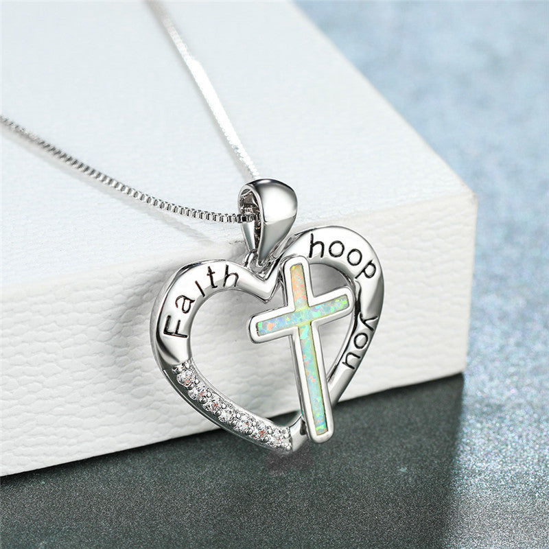 English Imitation Opal Love Heart Shaped Jesus Religion Cross Necklace Pendant Jewelry