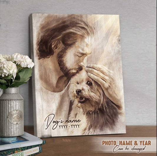 Personalized Memorial Pet Wall Art Canvas, Jesus God Embrace A Dog, Memorial Wall Art With Beautiful Pets-portrait