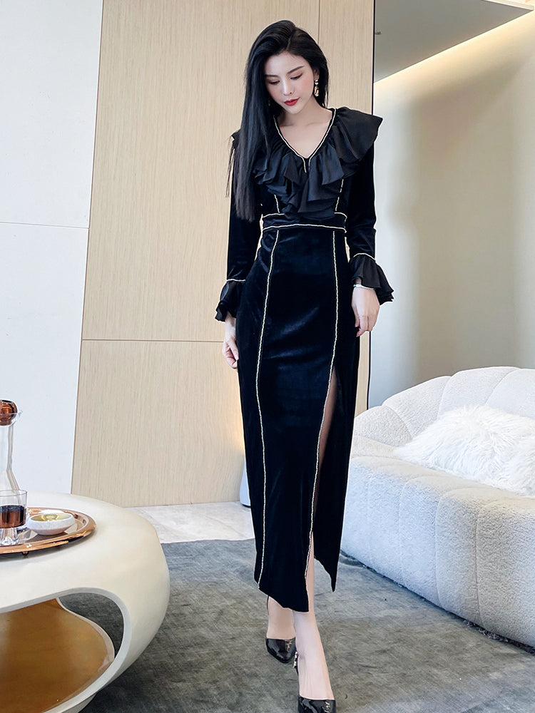 New Waist Sexy V-neck Split Gold Velvet Long Dress Women