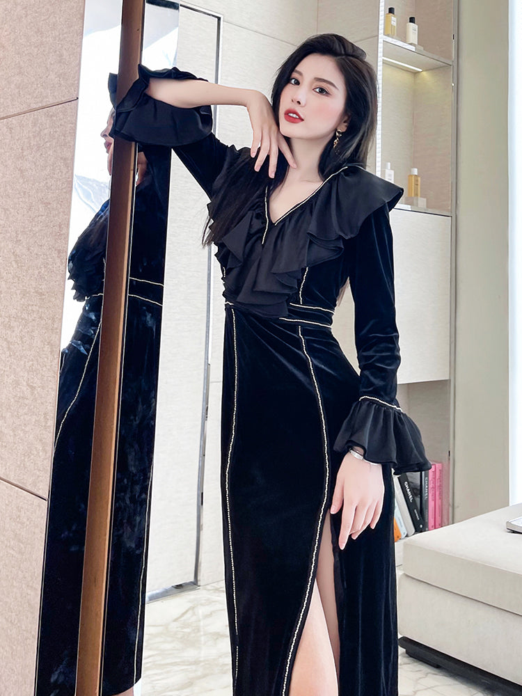 New Waist Sexy V-neck Split Gold Velvet Long Dress Women