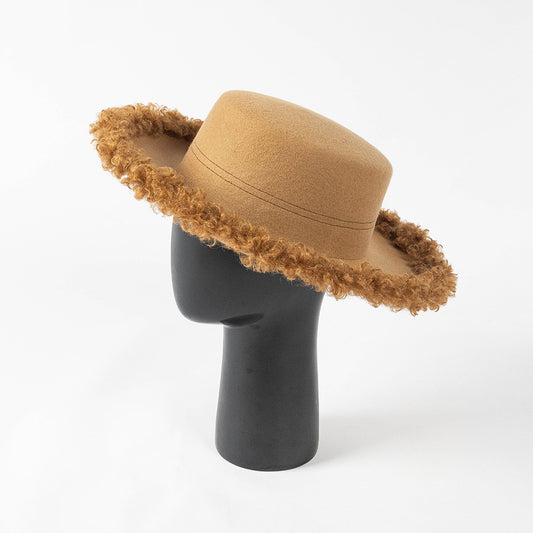 Fall Winter Fashion Leisure Circle Curly Brim Flat Top Wool Top Hat