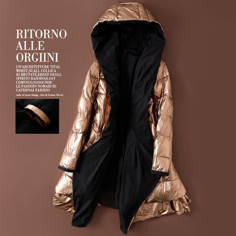 European And American Slim Irregular Thick Mid-length Glossy Two-sided Wear Down Jacket Women