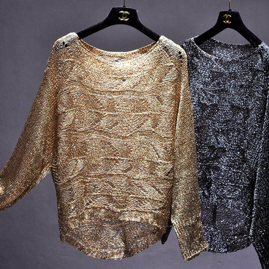Loose Plus Size Gold Thread Sequined Sweater Long Sleeve