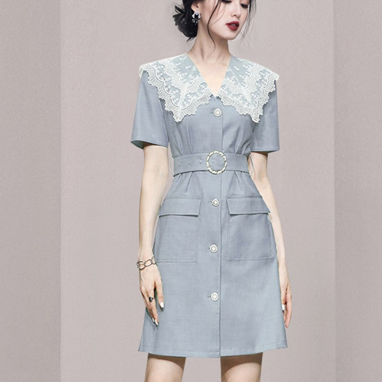 Summer Dress For Women Lace Collar Short Sleeve High Waist Mini Dresses Female Fashion Clothes