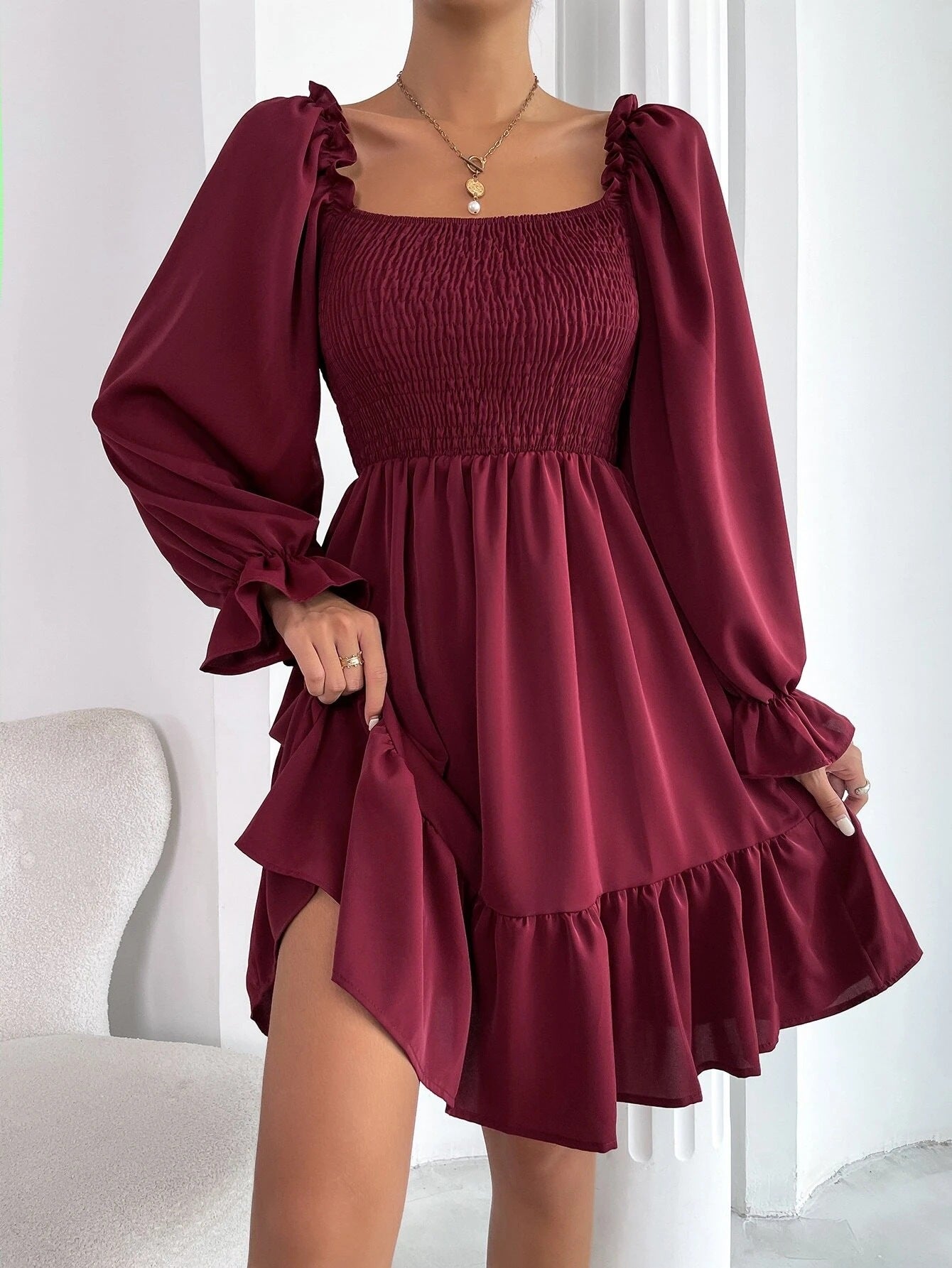 Flared Long Sleeve Dresses Women Square Neck Ruffled Swing Dress