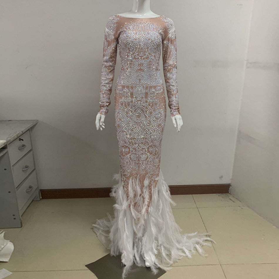 Stage Banquet Evening Feather Beaded Dress Women