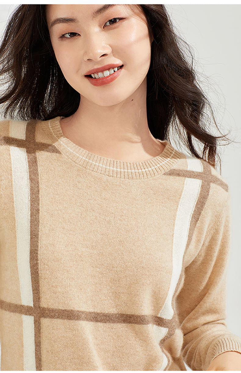 Pure Cashmere Round Neck Check Bottoming Wool Sweater Women