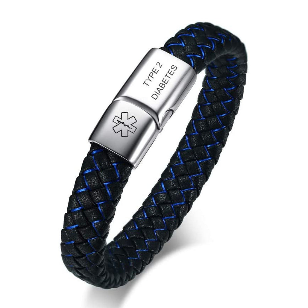 Stainless Medical Bracelet Men's Blue And Black Leather