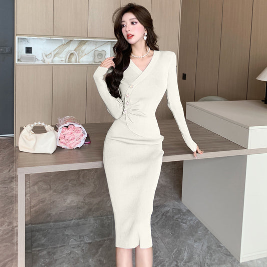 Design Sense Slim Fit Temperament Hip Skirt Waist Slimming Knitted Dress Women