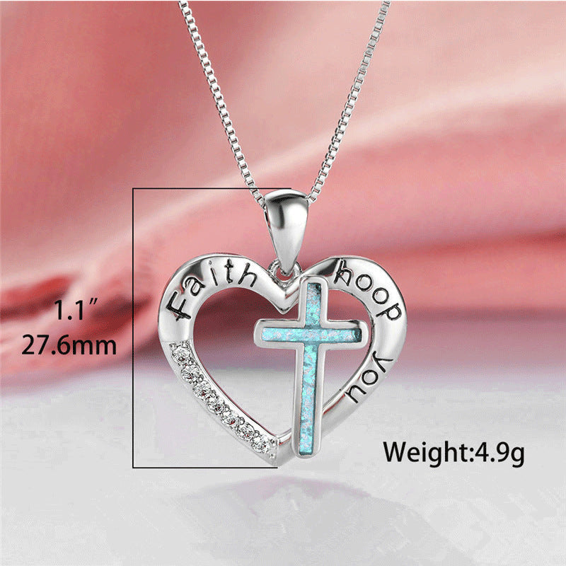 English Imitation Opal Love Heart Shaped Jesus Religion Cross Necklace Pendant Jewelry