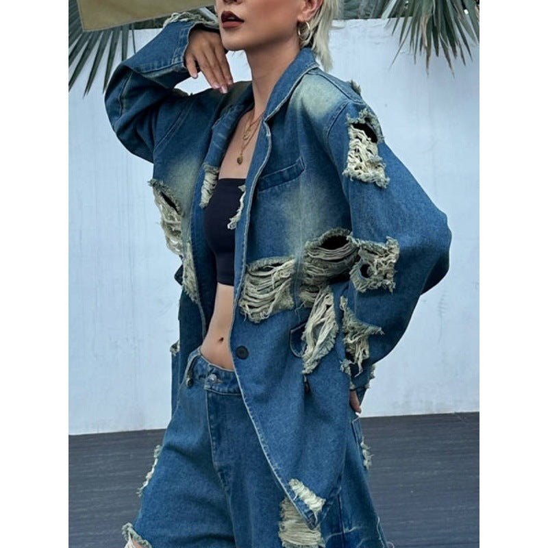 European And American Style Street Lapel Ripped Edging One Button Loose Large Version Denim Coat